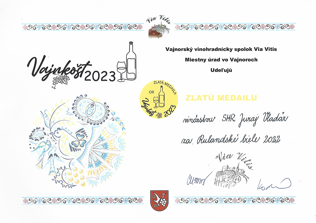 Vinárstvo Vladár a syn - Zlatá medaila Rulandské biele 2022
