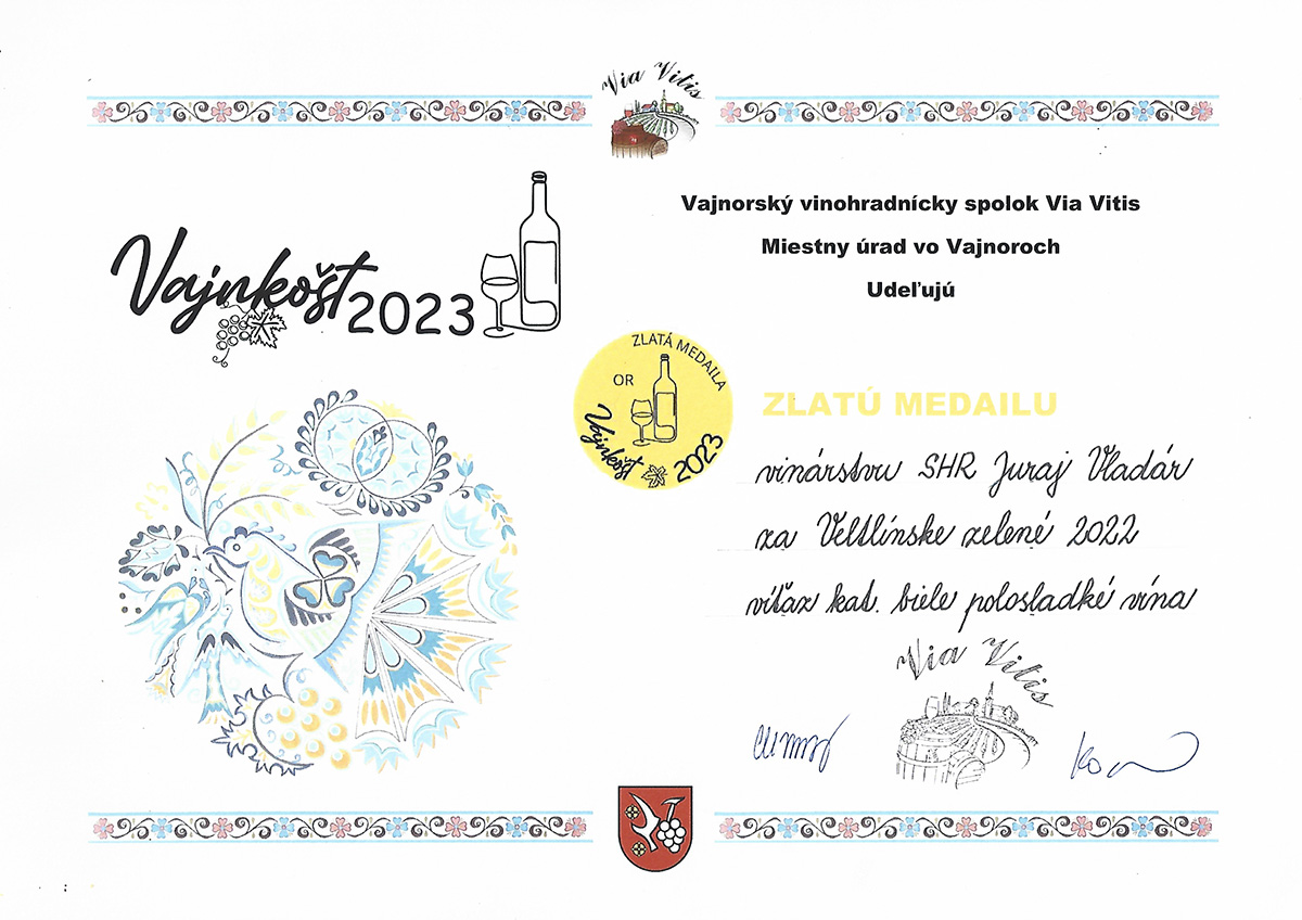 Vinárstvo Vladár a syn - Zlatá medaila Veltlínske zelené 2022