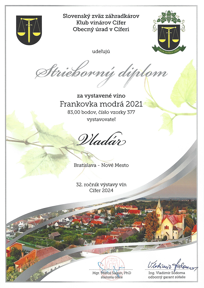 Vinárstvo Vladár a syn - Strieborný diplom Frankovka modrá 2021