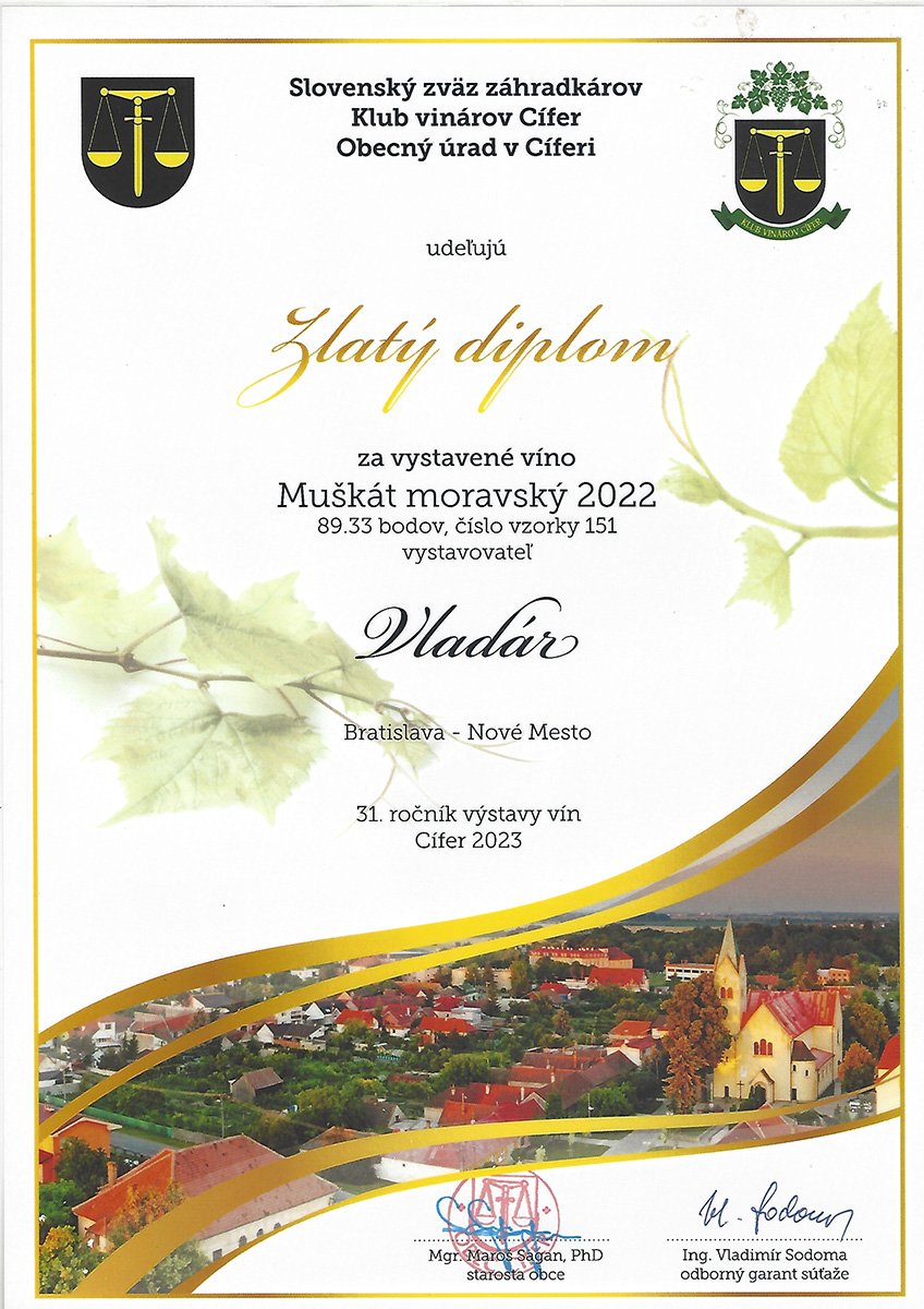 Vinárstvo Vladár a syn - Zlatý diplom Muškát moravský 2022