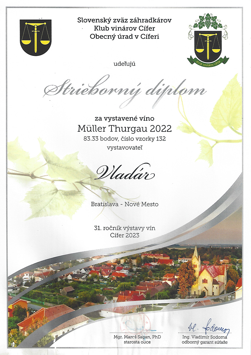 Vinárstvo Vladár a syn - Strieborný diplom Muller Thurgau 2022
