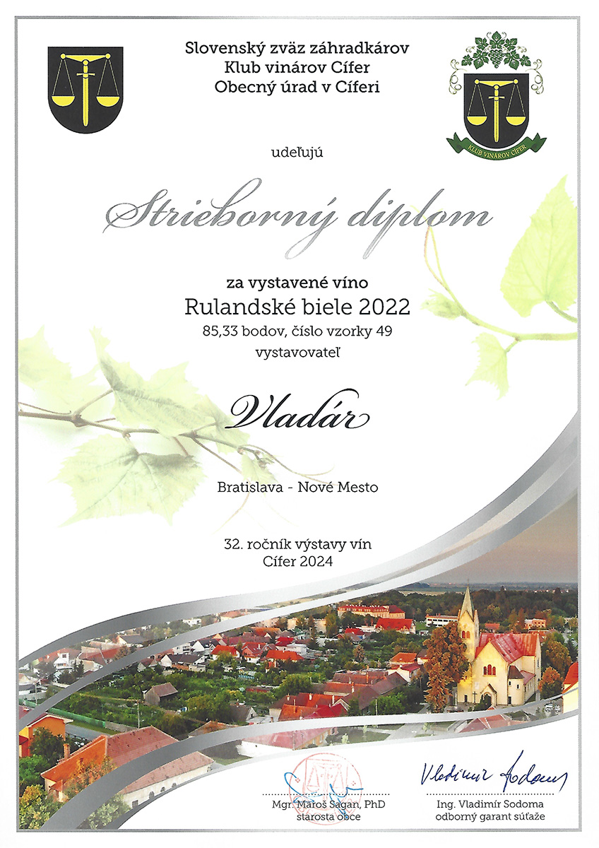 Vinárstvo Vladár a syn - Strieborný diplom Rulandské biele 2022
